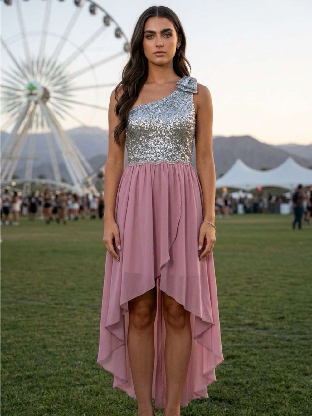 City Triangles Sequin One Shoulder High Low Prom‎ Dress Pink /Silver Size 13